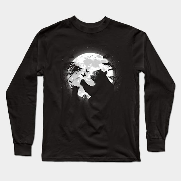 Mother bear playing with butterflies under the moon Long Sleeve T-Shirt by albertocubatas